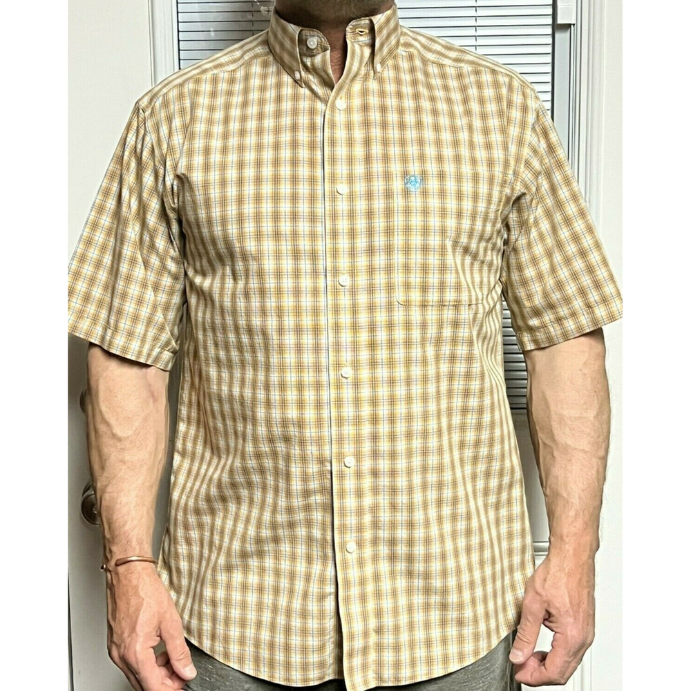 ARIAT Men's WRINKLE FREE S/S Shirt M Tan/Rust/Turquoise Plaid Button Down NWOT